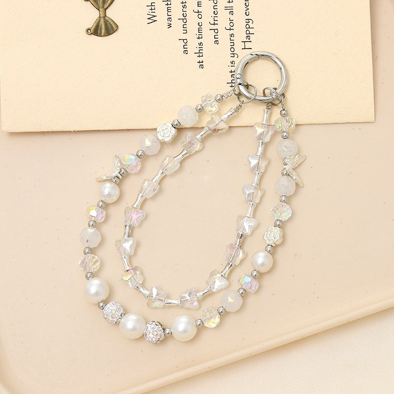 Lilangda Luxury Double Chain Mobile Phone Hanging Rope Crystal Butterfly Decoration Acrylic Bead Chain Keychain