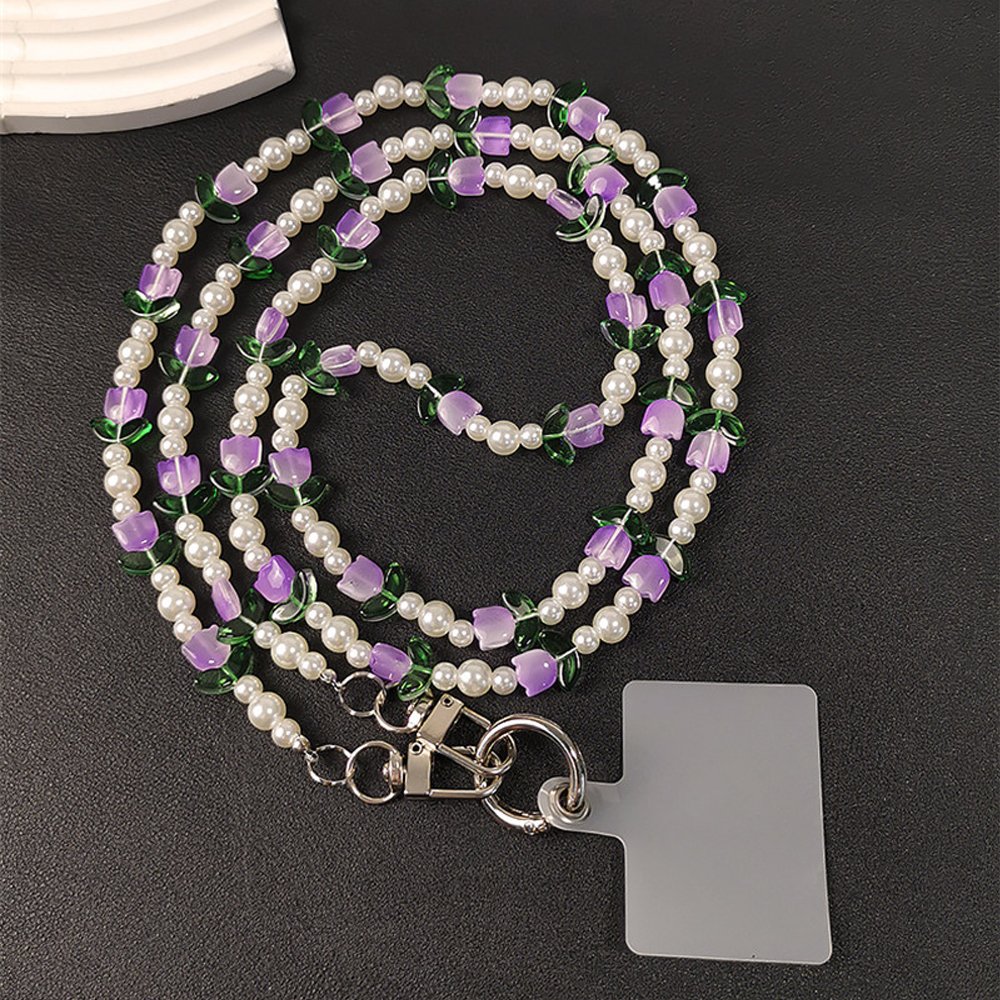 Mobile Phone Lanyard Crossbody Girls Round Beads Tulip Flower Chain Pendant Women's Hand-beaded Bag Pendant Chain Phone Charms