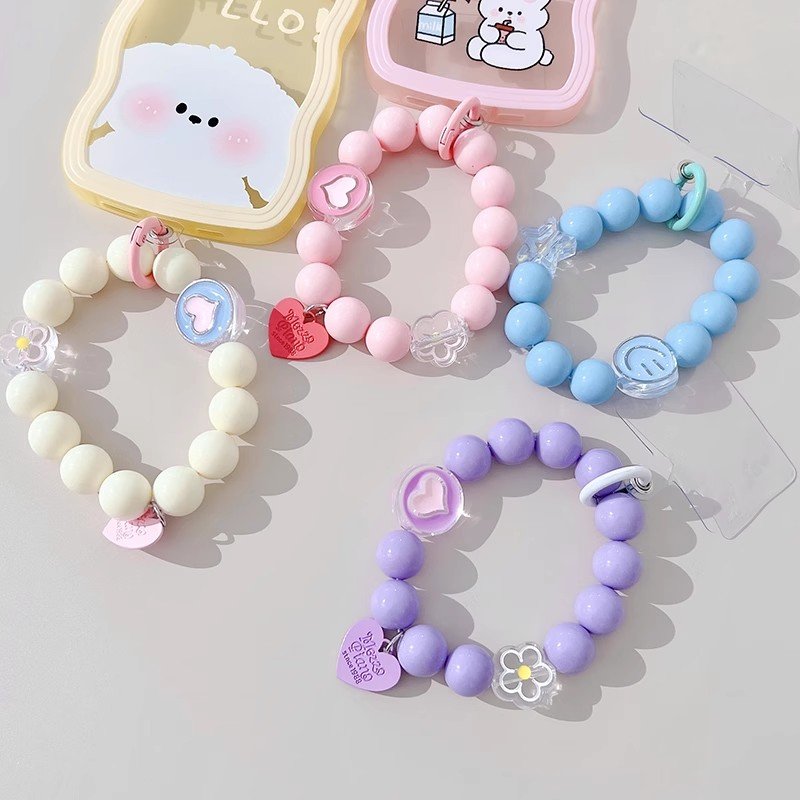 Colorful Love Heart Round Beaded Phone Chains Mobile Strap Heart Acrylic Pearl Phone Chain Lanyard Rope Hanging