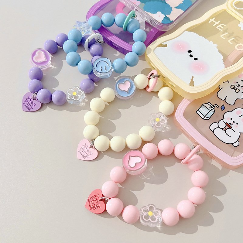 Colorful Love Heart Round Beaded Phone Chains Mobile Strap Heart Acrylic Pearl Phone Chain Lanyard Rope Hanging