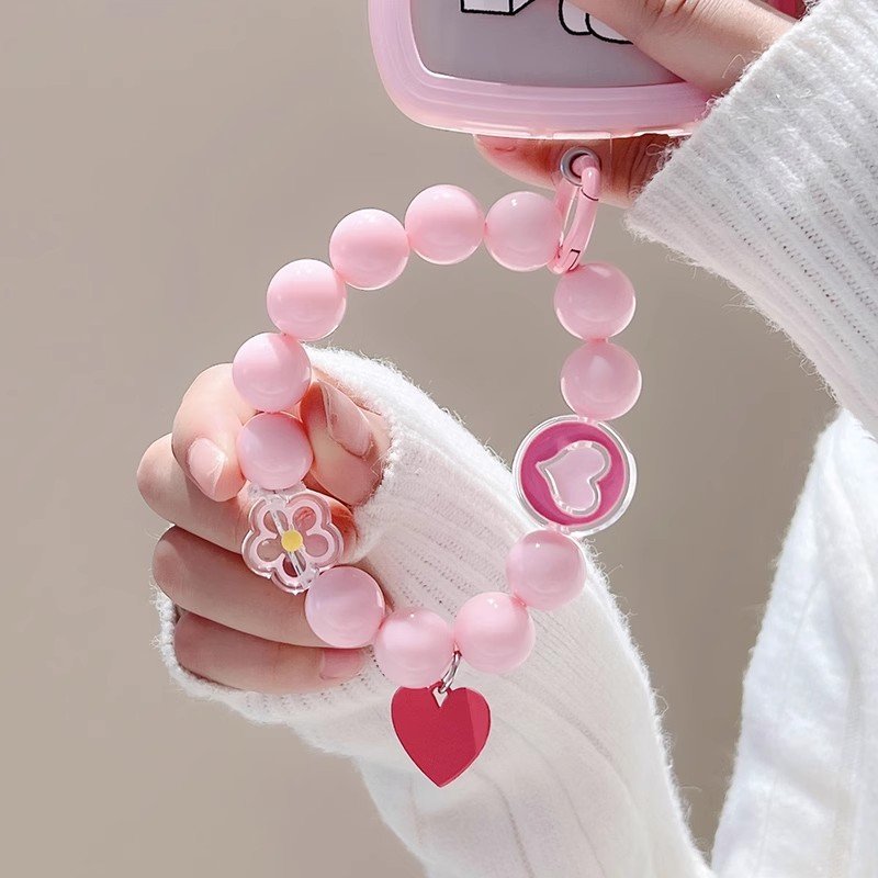 Colorful Love Heart Round Beaded Phone Chains Mobile Strap Heart Acrylic Pearl Phone Chain Lanyard Rope Hanging