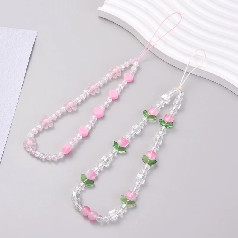 Acrylic Flower Shape Bead Mobile Phone Strap Chain Women Girl Sweet Cellphone Jewelry Accessory For Telephone Lanyard Decoration