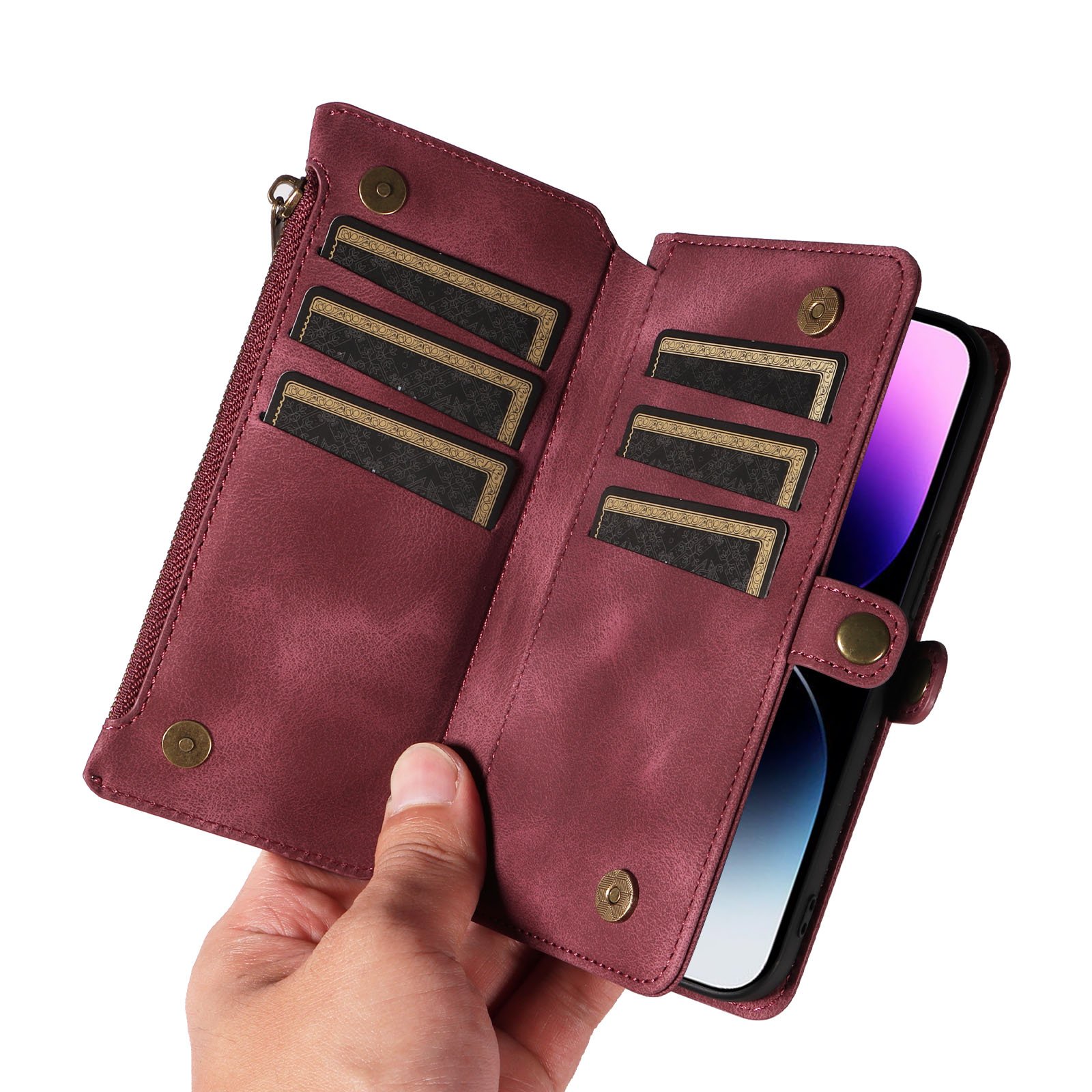 For iPhone Cases Luxury Wrist Strap Zipper Wallet Multi Layer Card Pocket Leather Phone Bags Case for IPhone 15 Pro Max