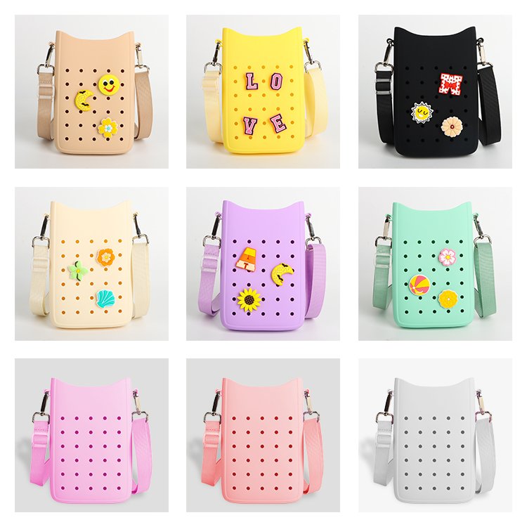 Hot Selling new women's bogg hole croc zipper small crossbody bag wide shoulder strap mobile phone wallet silicone shoulder bag