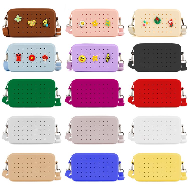 Hot Selling new women's bogg hole croc zipper small crossbody bag wide shoulder strap mobile phone wallet silicone shoulder bag