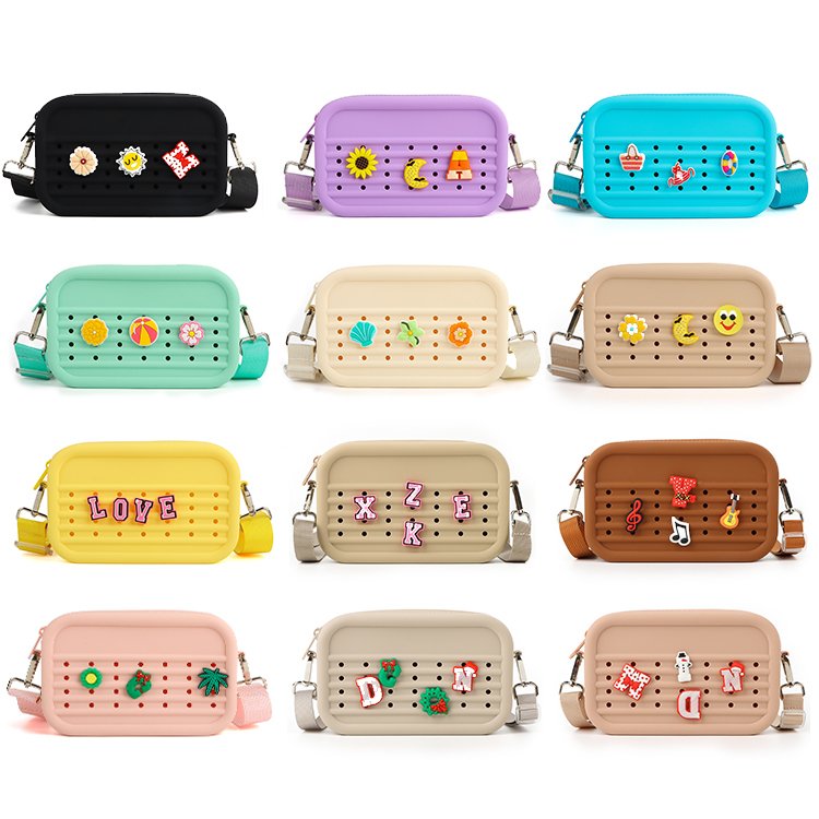 Hot Selling new women's bogg hole croc zipper small crossbody bag wide shoulder strap mobile phone wallet silicone shoulder bag