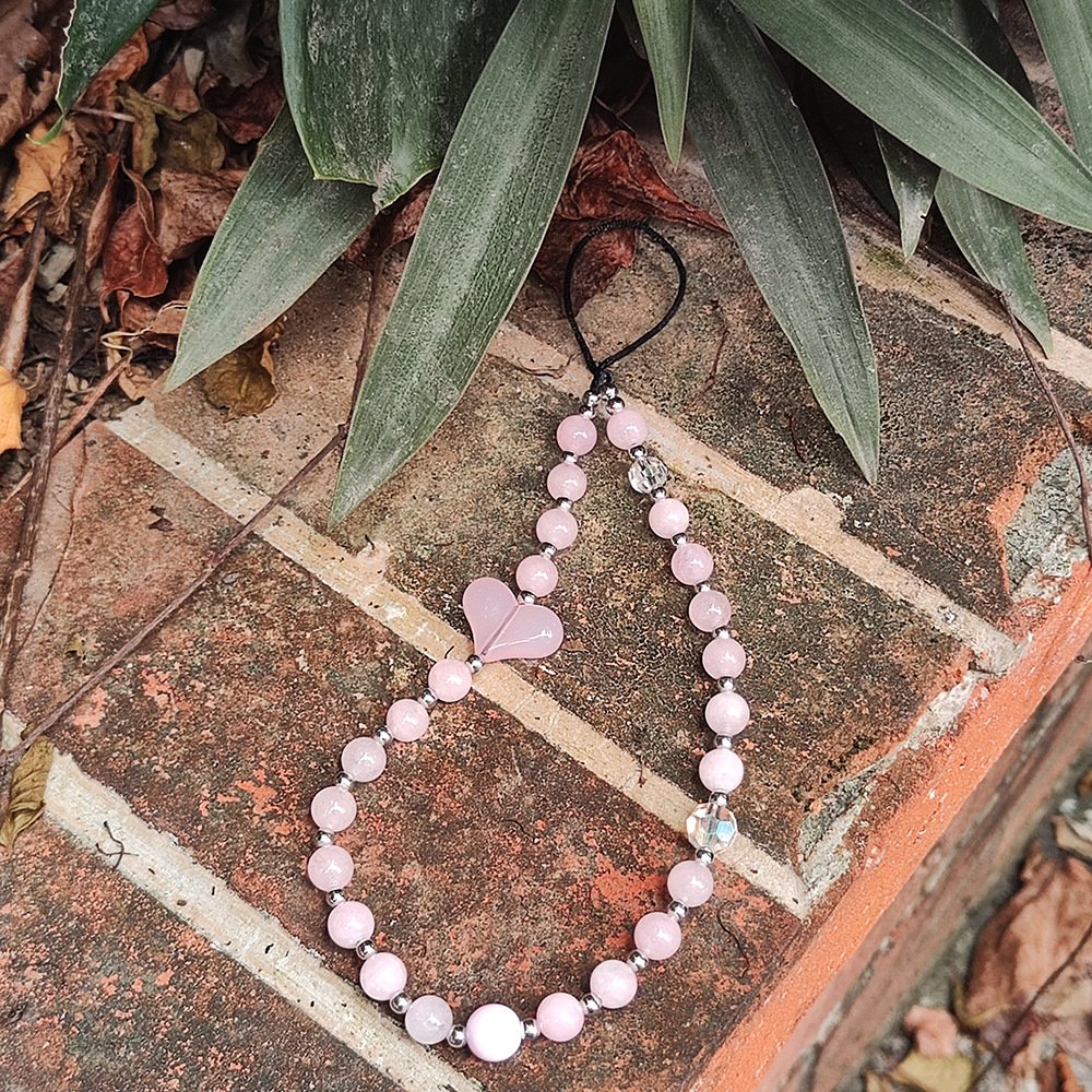 Korean Cute Crystal Acrylic Pink Heart Beaded Phone Case Charm Phone Wrist Strap Beads Lanyard Bracelet Chain Rope Cord Keychain