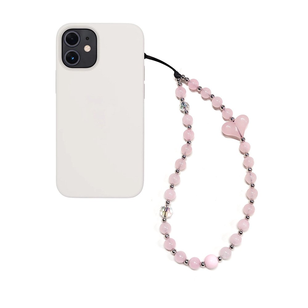 Korean Cute Crystal Acrylic Pink Heart Beaded Phone Case Charm Phone Wrist Strap Beads Lanyard Bracelet Chain Rope Cord Keychain