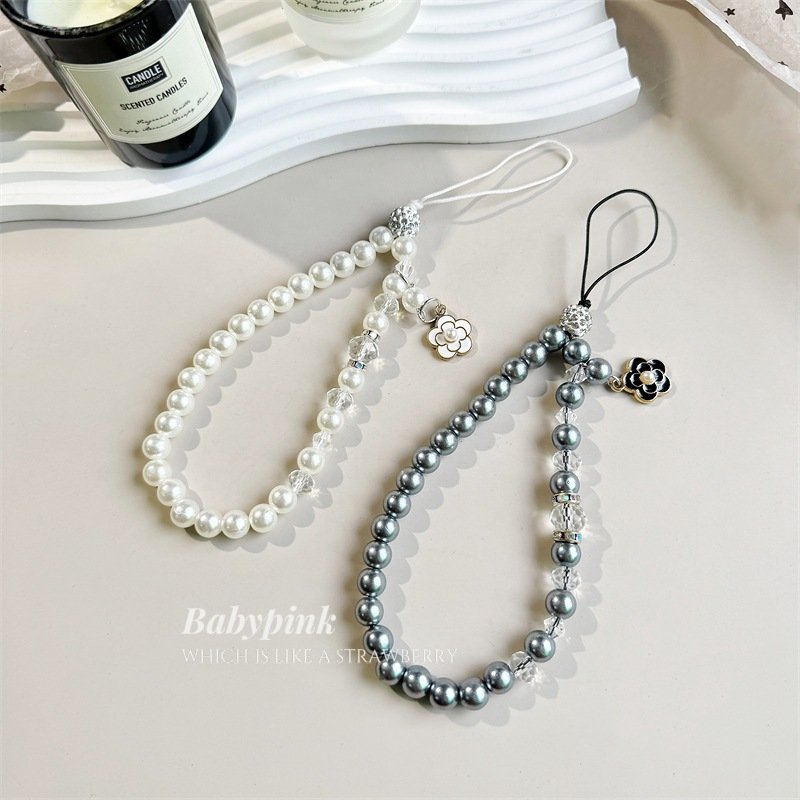 Pearl crystal mobile phone lanyard mountain flower tea pendant rhinestone beaded decorative chain mobile phone chain