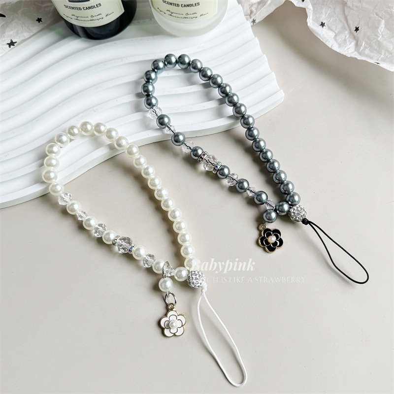 Pearl crystal mobile phone lanyard mountain flower tea pendant rhinestone beaded decorative chain mobile phone chain