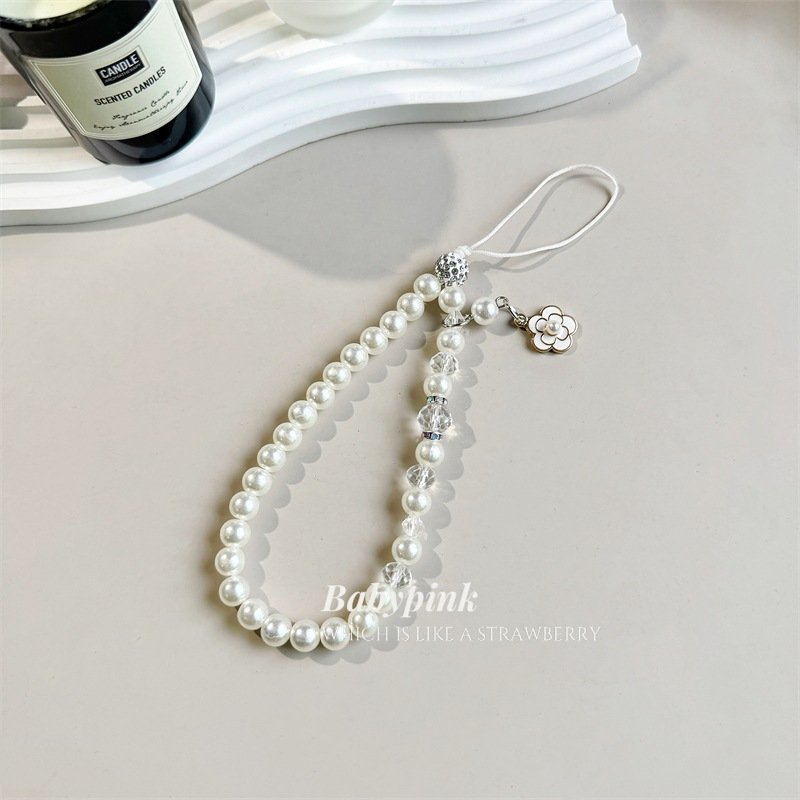 Pearl crystal mobile phone lanyard mountain flower tea pendant rhinestone beaded decorative chain mobile phone chain