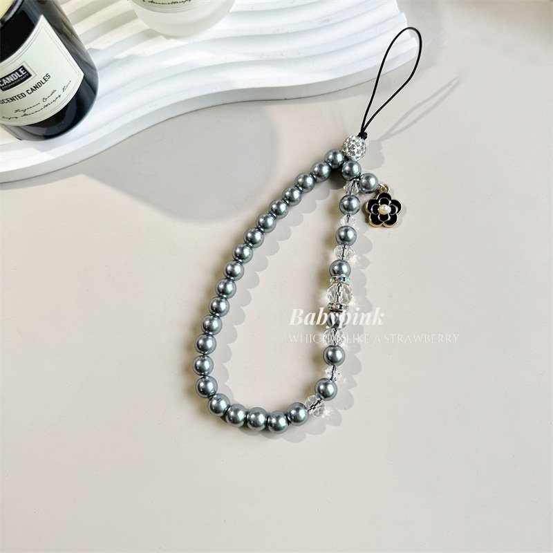 Pearl crystal mobile phone lanyard mountain flower tea pendant rhinestone beaded decorative chain mobile phone chain