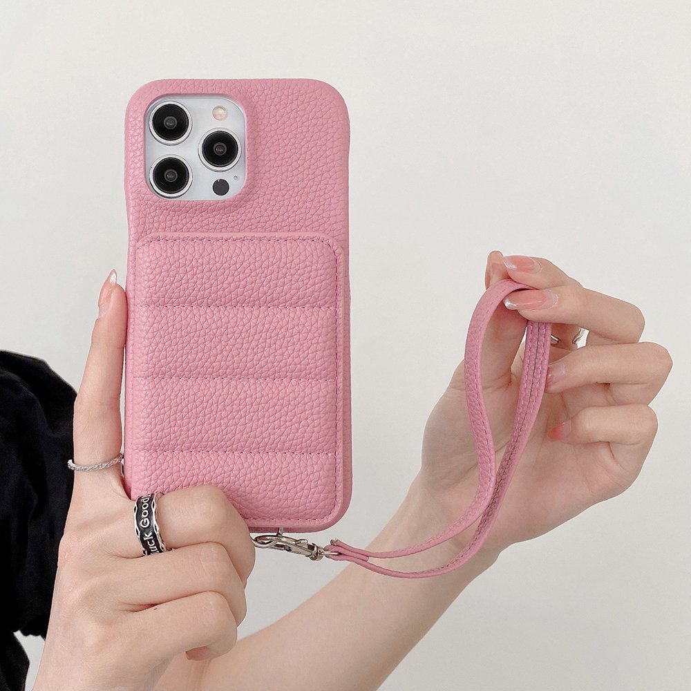 For iPhone 15 Plus Lychee Pattern Flip Phone Cover Leather Wallet Card Holder Mobile Phone Case With Wrist Strap