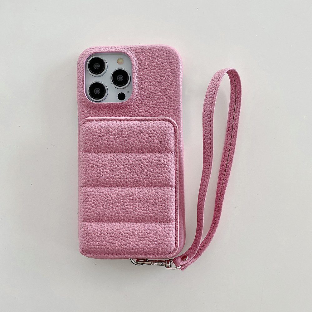 For iPhone 15 Plus Lychee Pattern Flip Phone Cover Leather Wallet Card Holder Mobile Phone Case With Wrist Strap