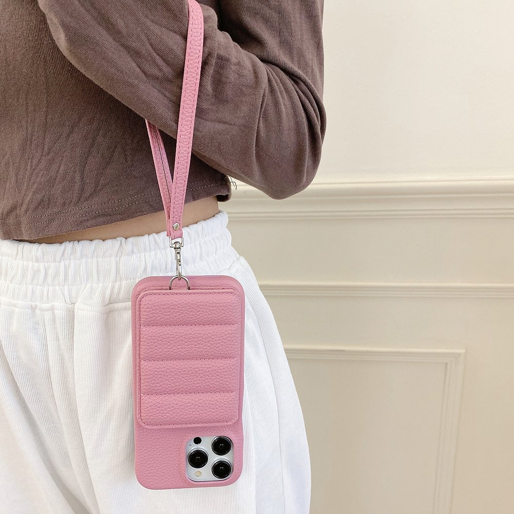 For iPhone 15 Plus Lychee Pattern Flip Phone Cover Leather Wallet Card Holder Mobile Phone Case With Wrist Strap