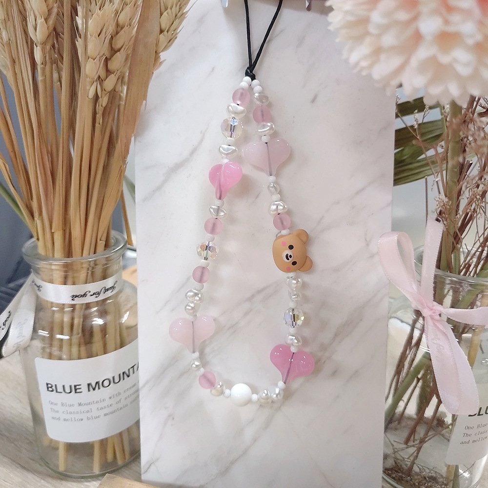 Imitation Pearl Heart Bear Beaded Mobile Phone Wrist Strap Beads Lanyard Bracelet Chain Rope Cord Phone Case Charms Accessories
