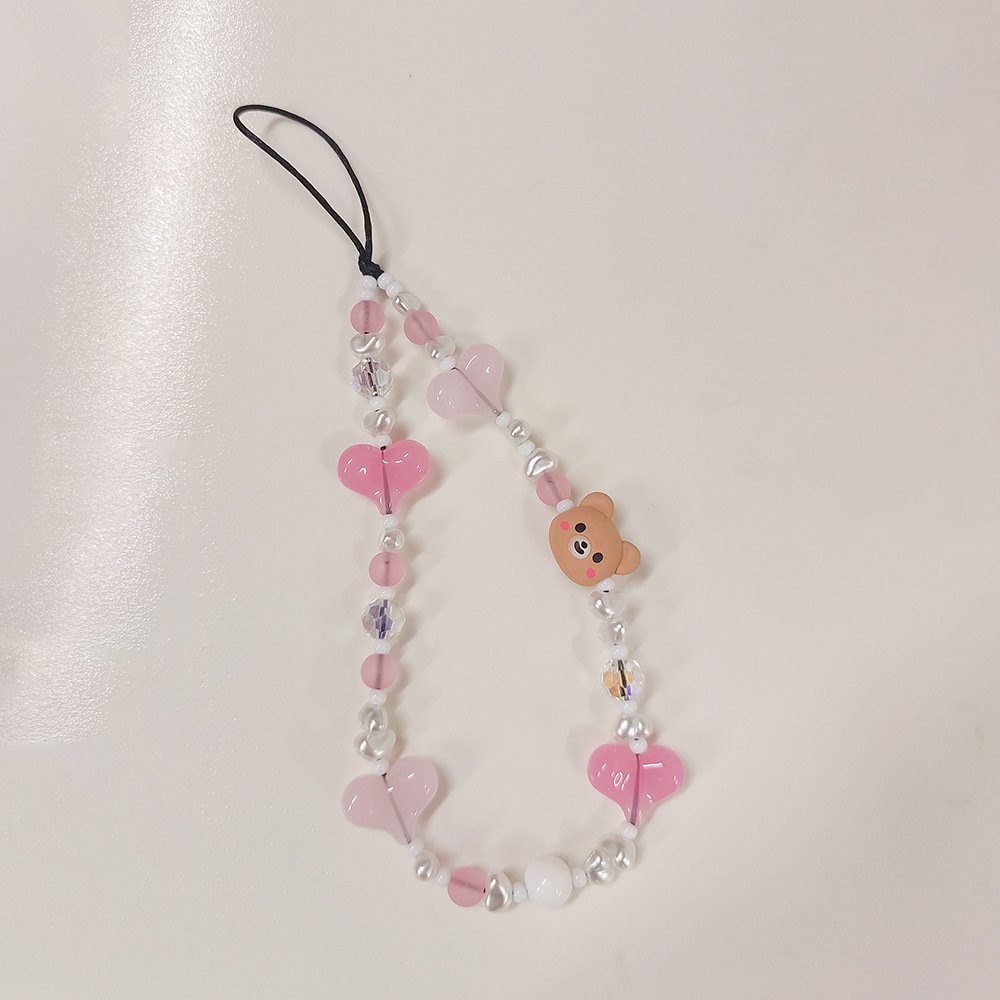Imitation Pearl Heart Bear Beaded Mobile Phone Wrist Strap Beads Lanyard Bracelet Chain Rope Cord Phone Case Charms Accessories