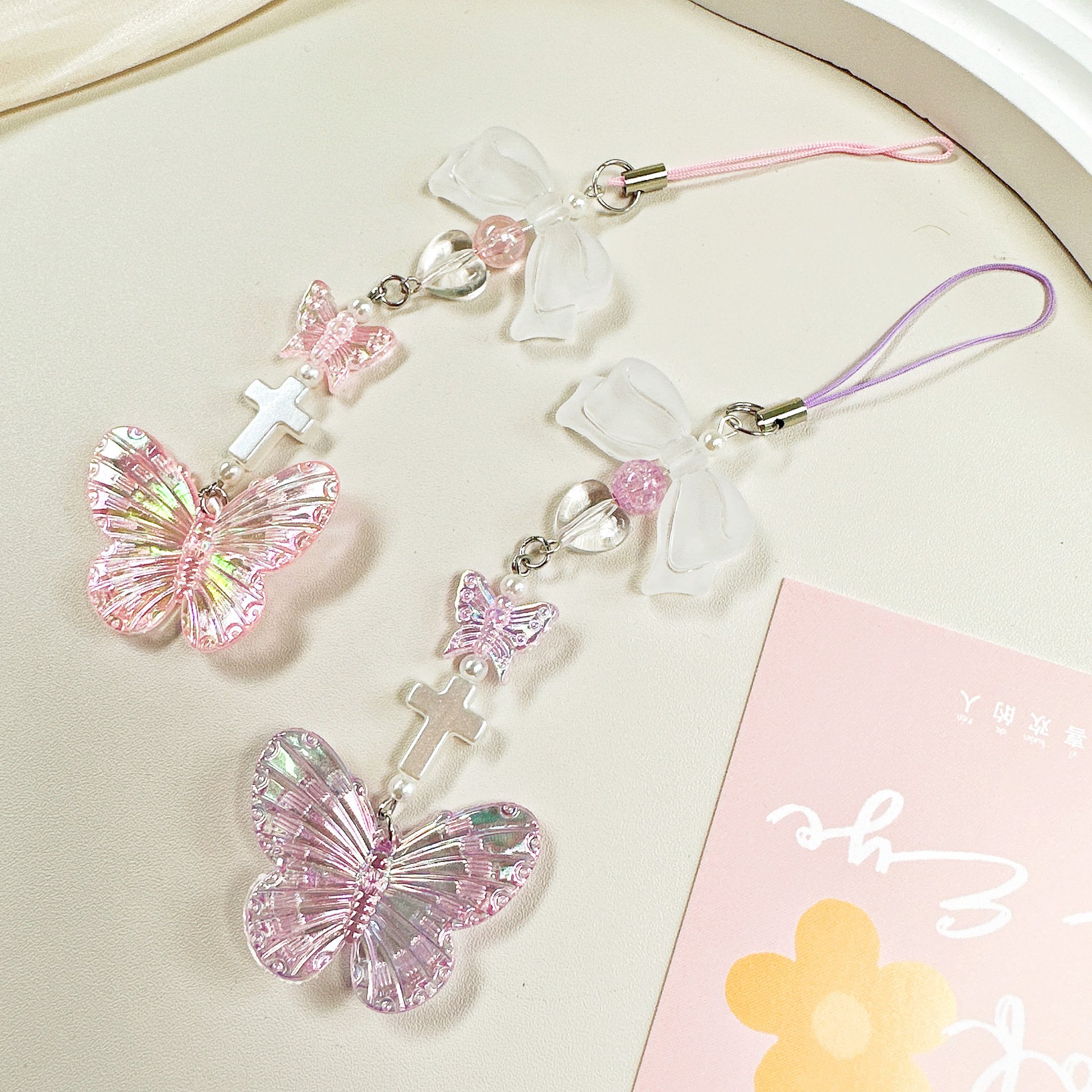 Sweet Y2K Crystal Bow Handmade Beaded Keychain Phone Lanyard Chain Backpack Pendant Keyring Phone Charm Mobile Strap Accessories
