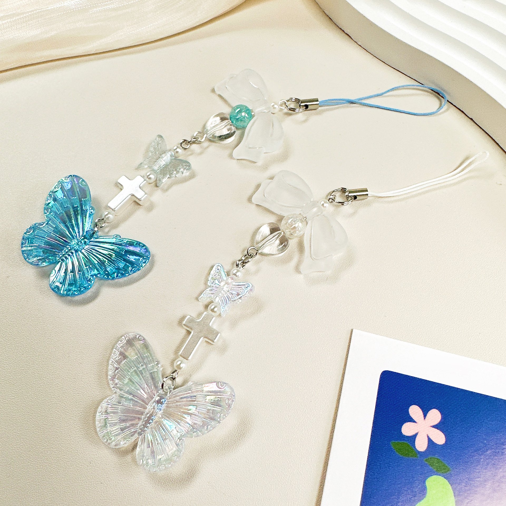 Sweet Y2K Crystal Bow Handmade Beaded Keychain Phone Lanyard Chain Backpack Pendant Keyring Phone Charm Mobile Strap Accessories