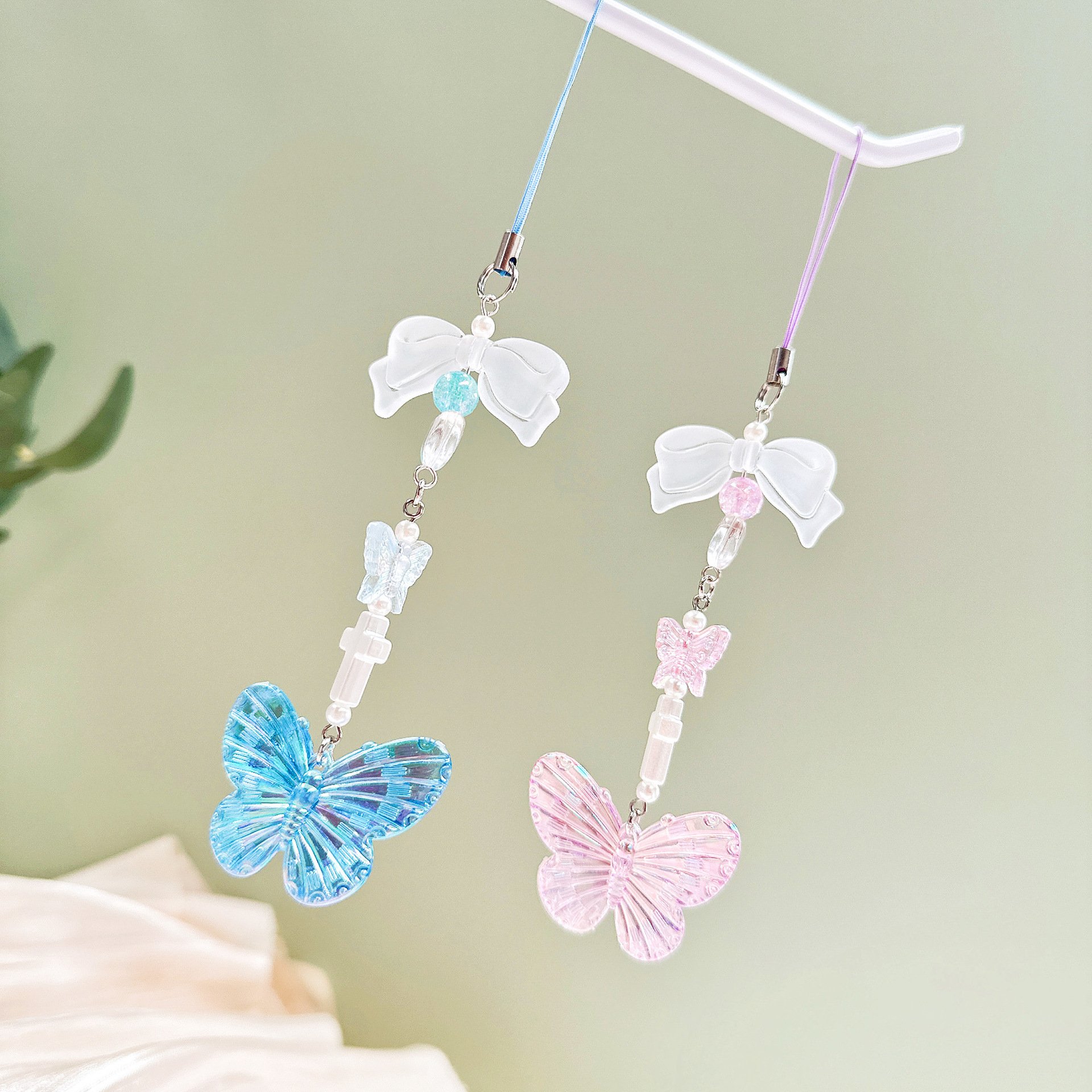 Sweet Y2K Crystal Bow Handmade Beaded Keychain Phone Lanyard Chain Backpack Pendant Keyring Phone Charm Mobile Strap Accessories