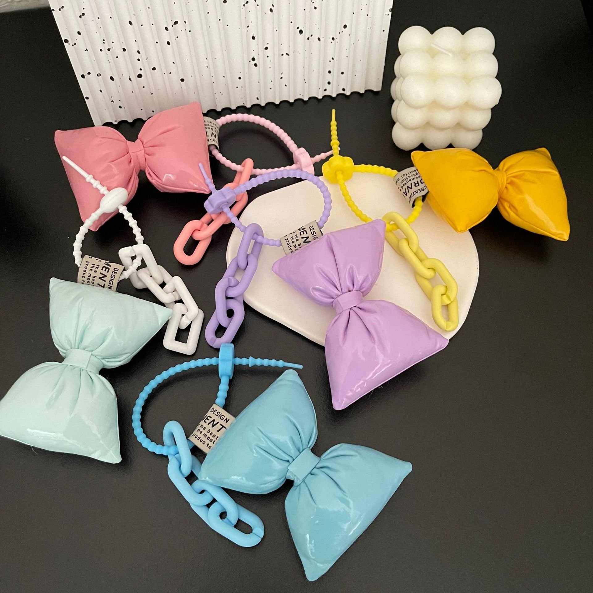 New Stuffed Cotton Bow Pendant Trendy Soft Acrylic Chain PU Hanger Charms Plush Stuffed Key Chain Bag Ornament Party Gift