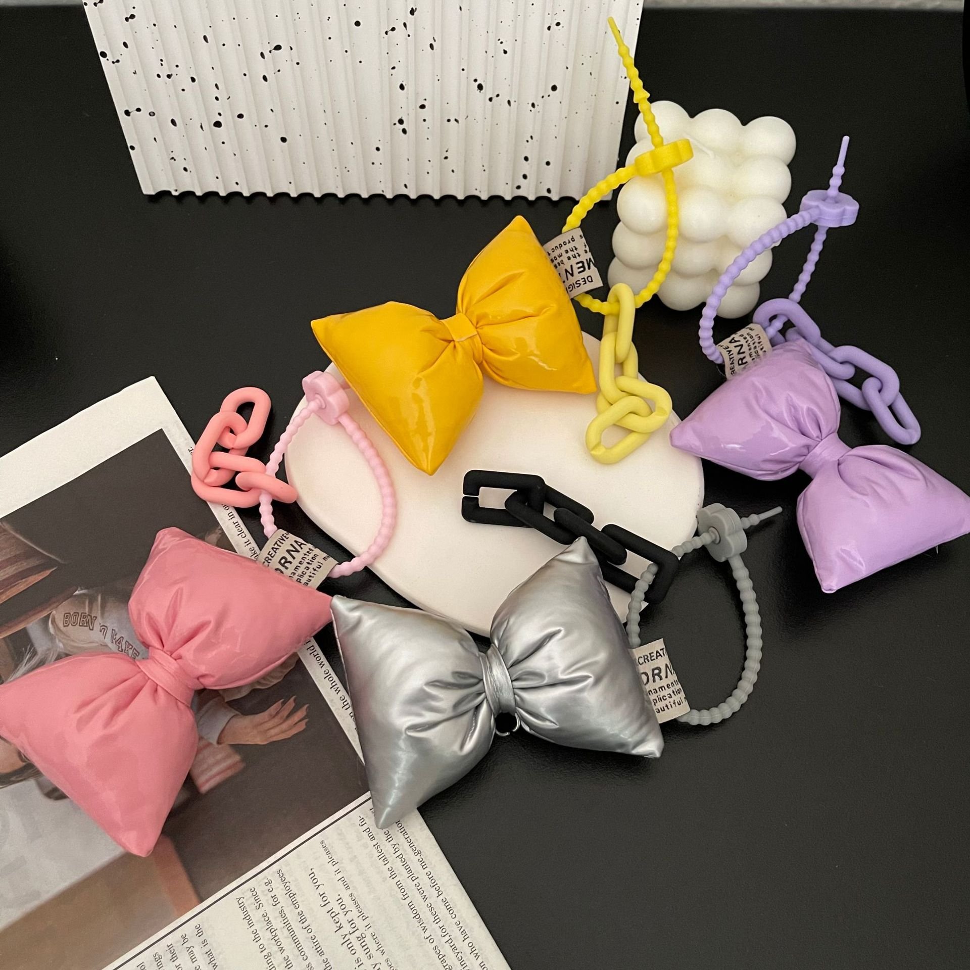 New Stuffed Cotton Bow Pendant Trendy Soft Acrylic Chain PU Hanger Charms Plush Stuffed Key Chain Bag Ornament Party Gift