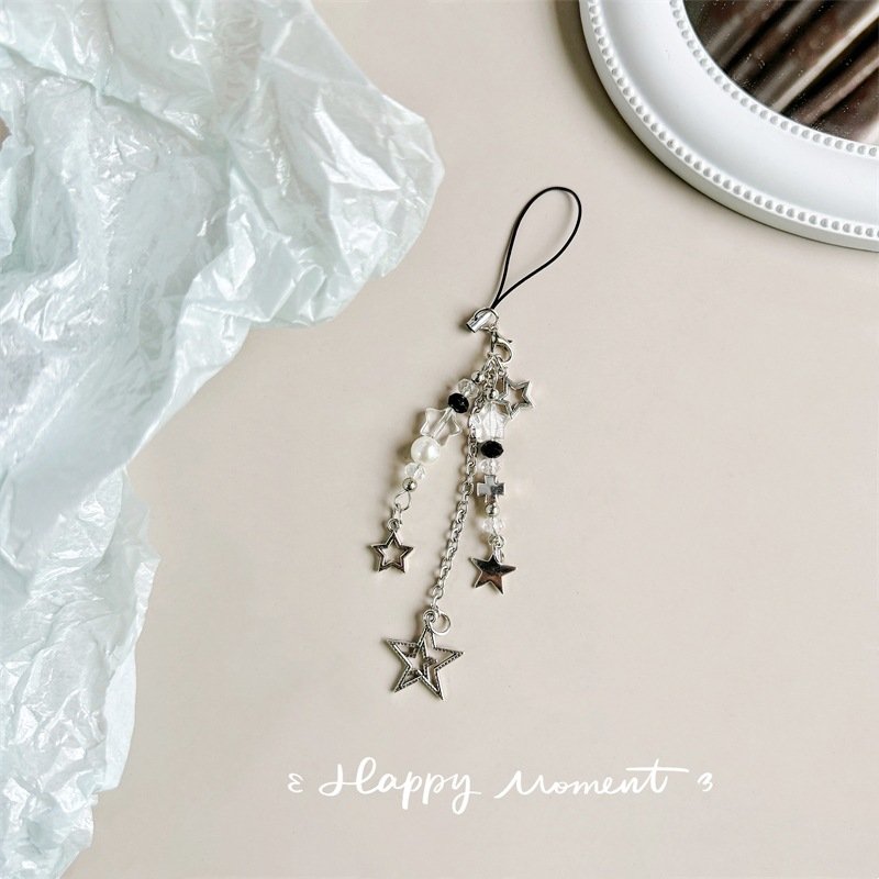 Silk scarf mobile phone lanyard pearl rhinestone pendant girl wind key chain pendant alloy five-pointed star mobile phone chain