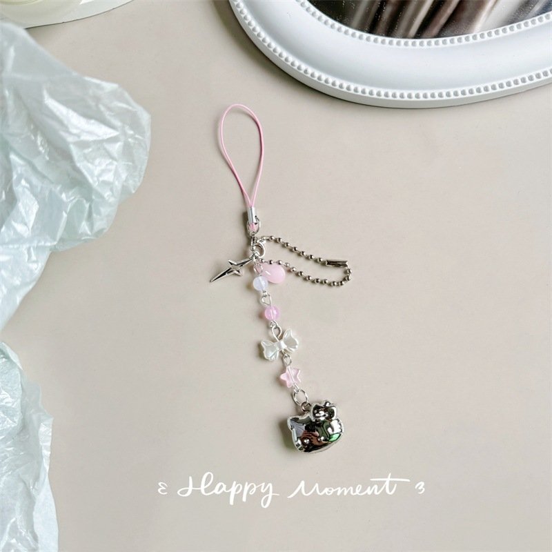 Silk scarf mobile phone lanyard pearl rhinestone pendant girl wind key chain pendant alloy five-pointed star mobile phone chain