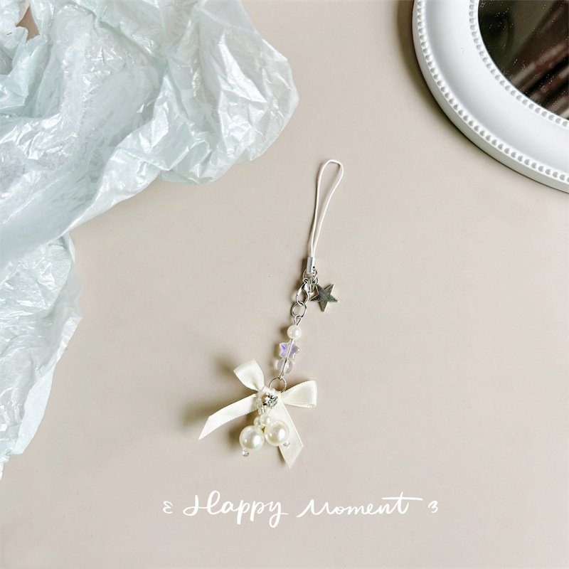 Silk scarf mobile phone lanyard pearl rhinestone pendant girl wind key chain pendant alloy five-pointed star mobile phone chain