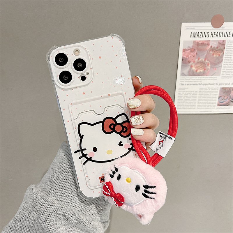 Mobile Phone Covers For iPhone 11 12 13 15 14 Pro Max Cartoon Cute Melody Kuromi Kitty Phone Cases With Card Holder Doll Straps