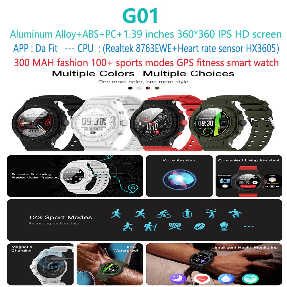 G01 sport Smart watch 2023 GPS Location 24/7 Health Monitoring 123 sport model outdoor 1.39 360*360 Smart Bracelet