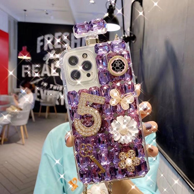 Luxury Rhinestone Diamond Phone Case For iPhone 15 Plus Perfume Bottle Shell With Lanyard Chain Strap Women Cases for iPhone 15