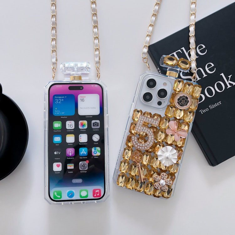 Luxury Rhinestone Diamond Phone Case For iPhone 15 Plus Perfume Bottle Shell With Lanyard Chain Strap Women Cases for iPhone 15