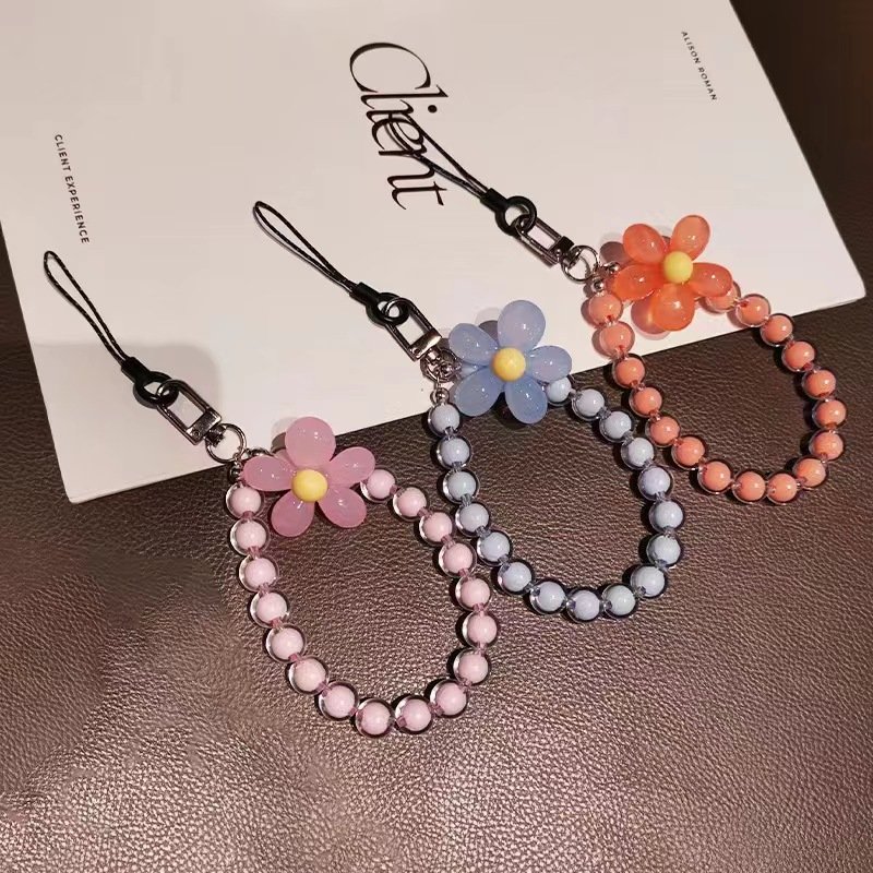 Colorful Flower Beaded Mobile Phone Chain Women Girls Jewelry Anti-lost Key Short Wrist Pendant Wrist Strap Mobile Phone Lanyard
