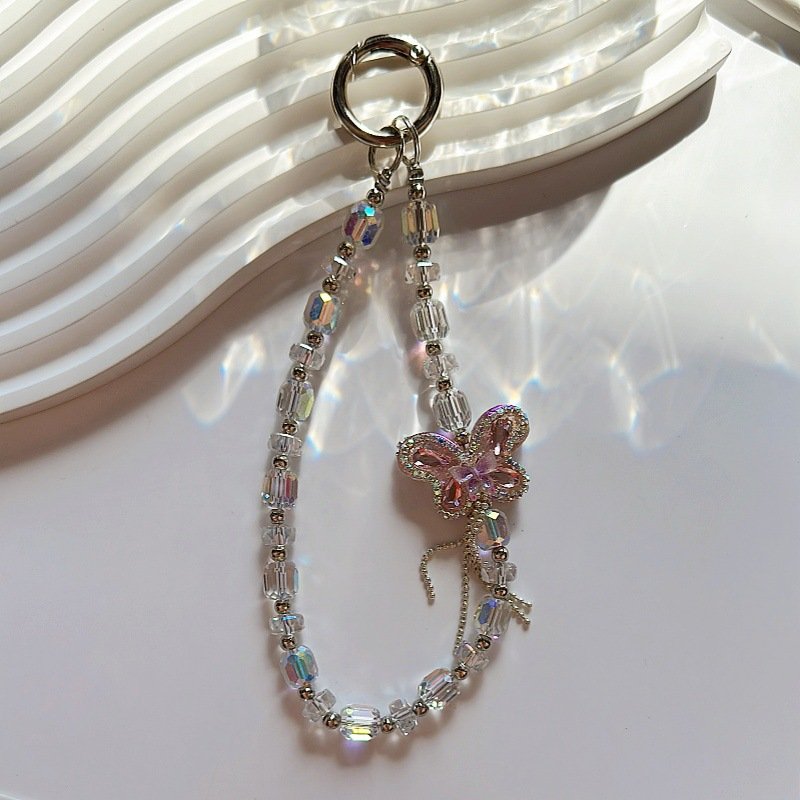 Lilangda Exquisite Tassel Butterfly Flower Pendant Lanyard Sweet Temperament Crystal Beaded Mobile Phone Lanyard keychain beads