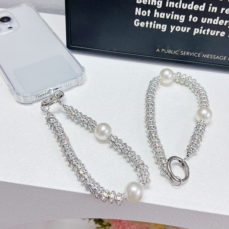 Silver Crystal Bead Mobile Phone Bracelet Charm for Women Girls Phone Keychain Wrist Strap Diamond Mobile Phone Strap