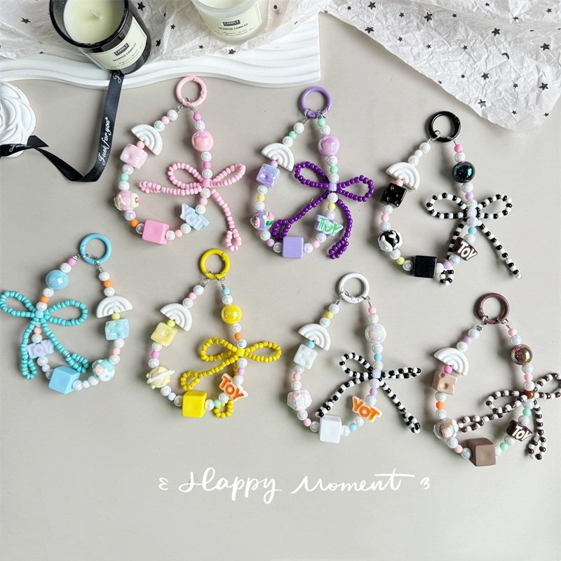Hand-painted Beaded Bow Beads Mobile Phone Lanyard Chain Bag Hanging Accessory Car Keychain Headphone Hanging Accessories Strap