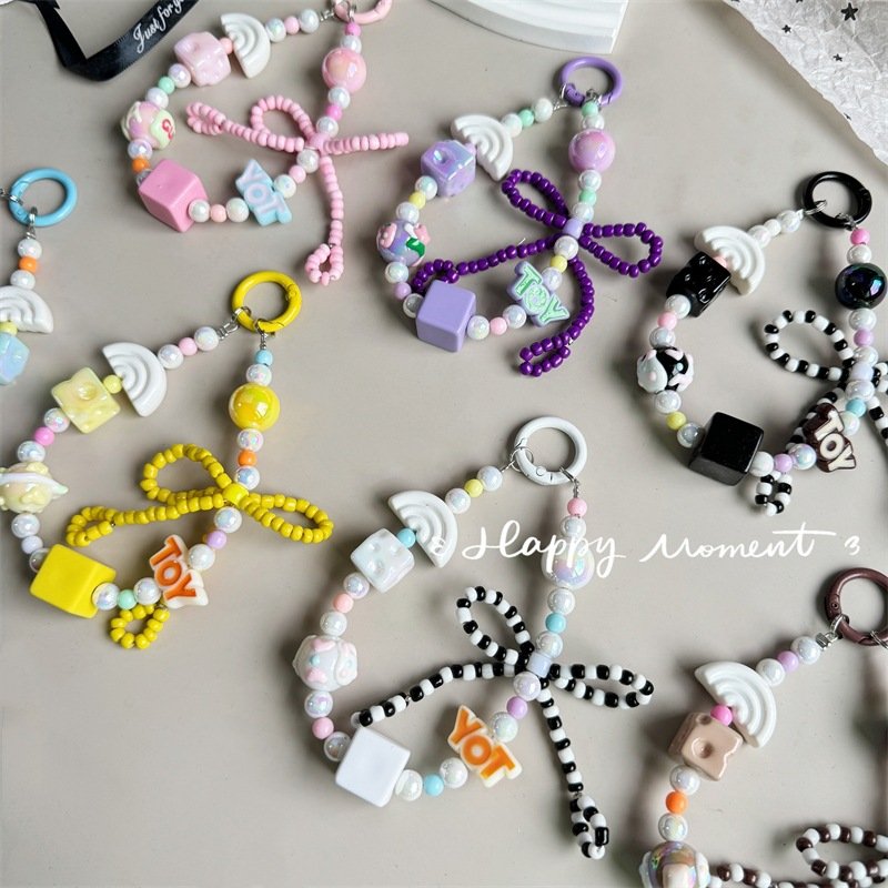 Hand-painted Beaded Bow Beads Mobile Phone Lanyard Chain Bag Hanging Accessory Car Keychain Headphone Hanging Accessories Strap
