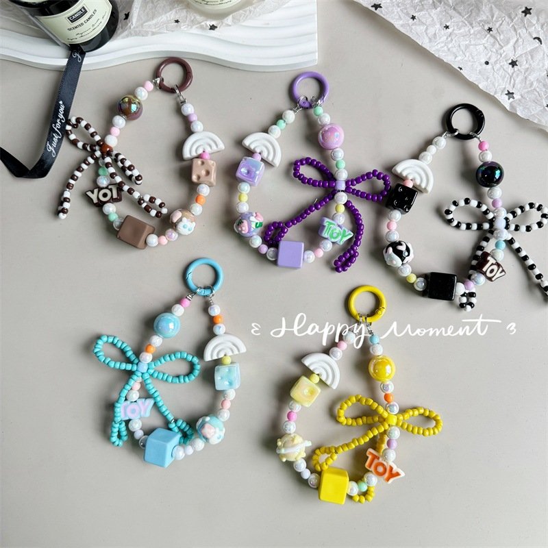 Hand-painted Beaded Bow Beads Mobile Phone Lanyard Chain Bag Hanging Accessory Car Keychain Headphone Hanging Accessories Strap