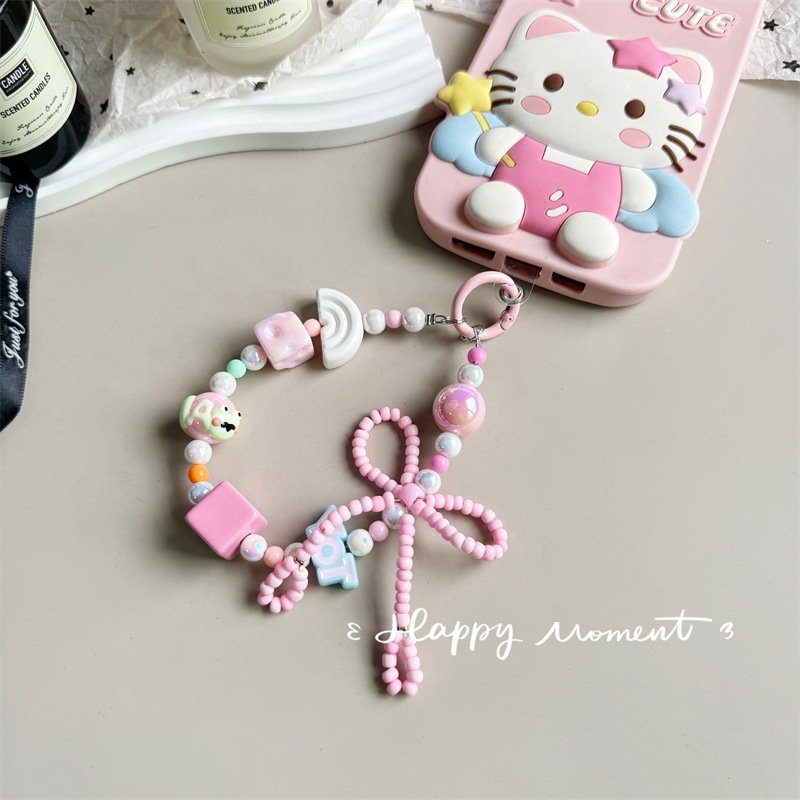 Hand-painted Beaded Bow Beads Mobile Phone Lanyard Chain Bag Hanging Accessory Car Keychain Headphone Hanging Accessories Strap