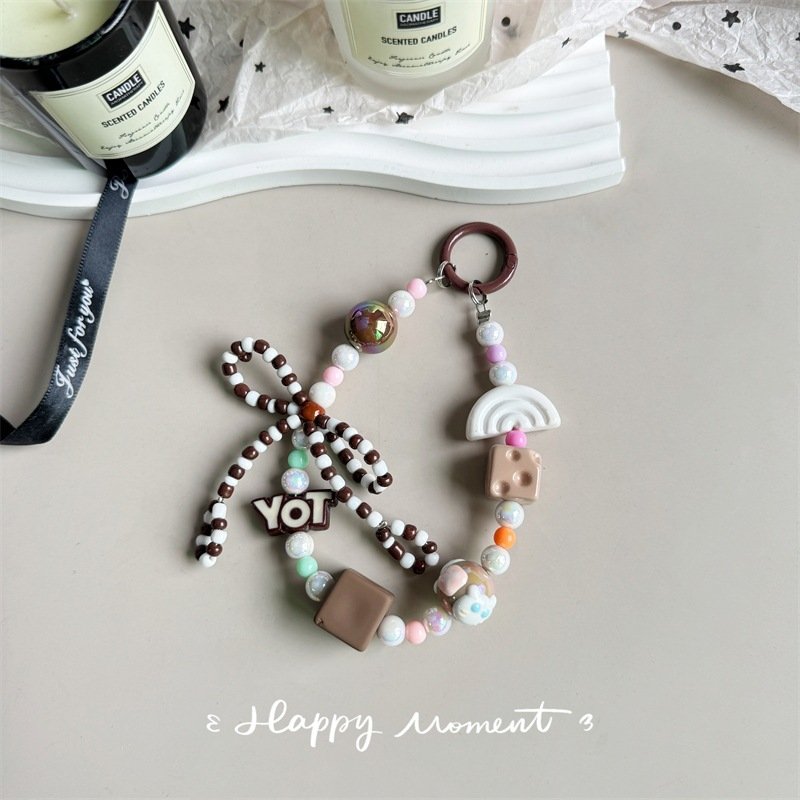 Hand-painted Beaded Bow Beads Mobile Phone Lanyard Chain Bag Hanging Accessory Car Keychain Headphone Hanging Accessories Strap
