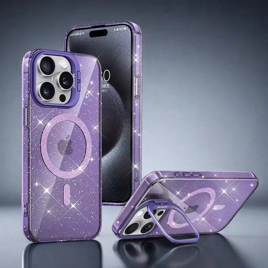 2024 Magnetic 15 ProMax lens holder Cover 11 Anti Drop 15 Sparkling pink transparent 14 For Iphone 16 ProMax Mobile Phone Case