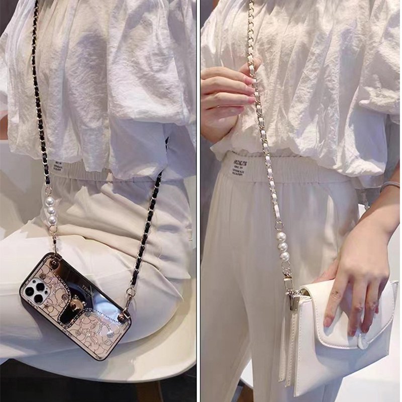 New Pearls Gold Braided Leather Phone Crossbody Necklace 120cm Lobster Clasp Long Chain Pearl Mobile Phone Shoulder Strap Chain