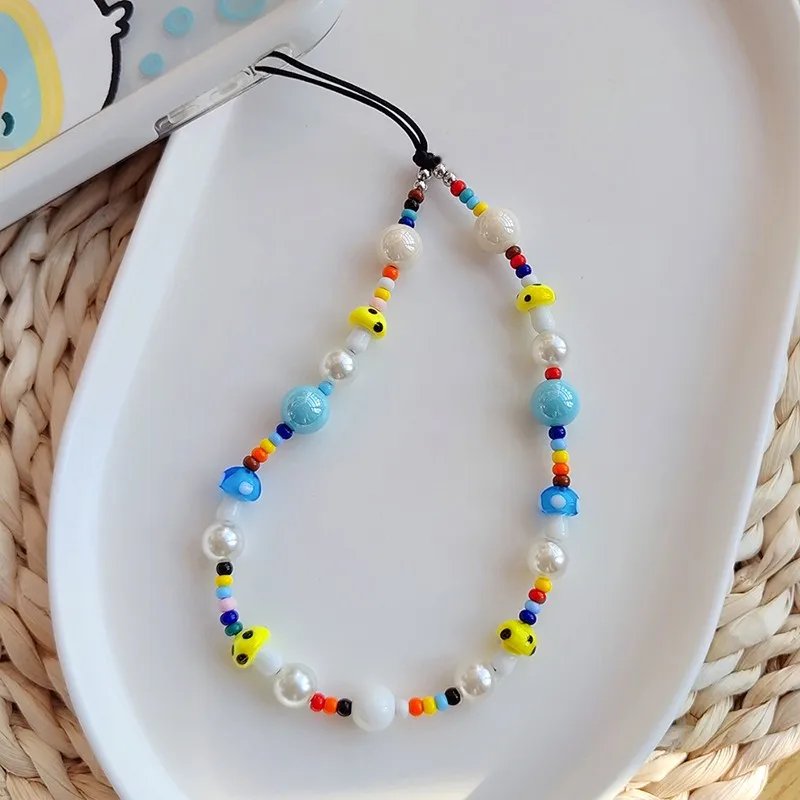 New Mushroom Mobile Phone Charm Strap Bohemia Crystal Mushrooms Colorful Acrylic Beaded Phone Chains Phone Chaine Accessories