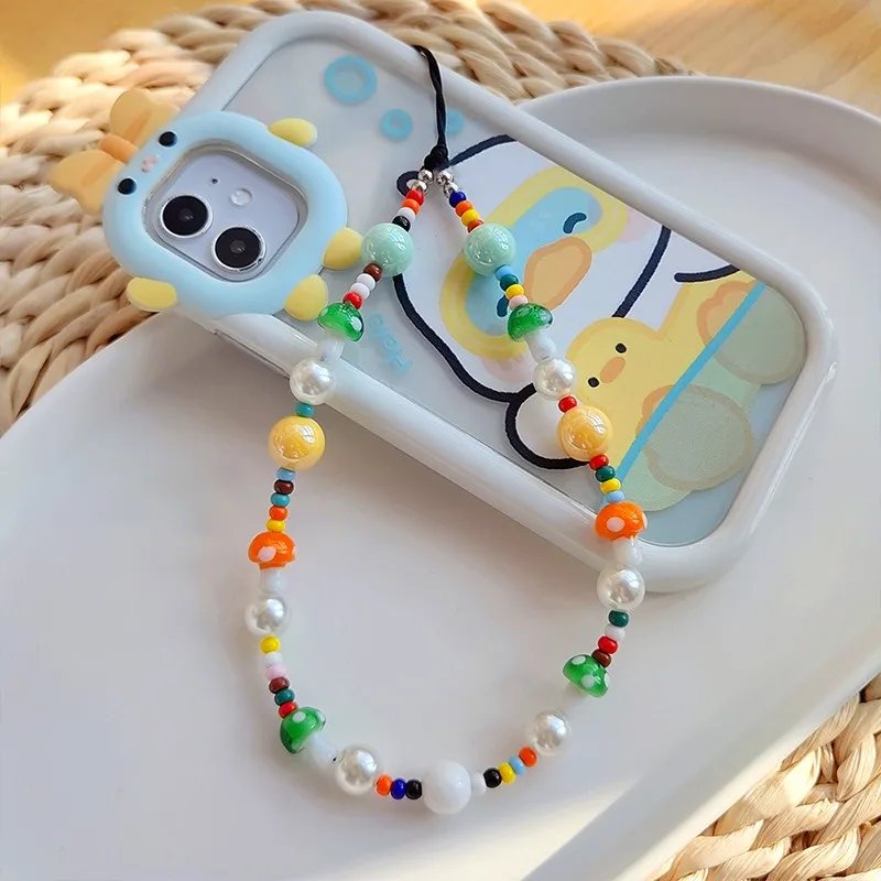 New Mushroom Mobile Phone Charm Strap Bohemia Crystal Mushrooms Colorful Acrylic Beaded Phone Chains Phone Chaine Accessories