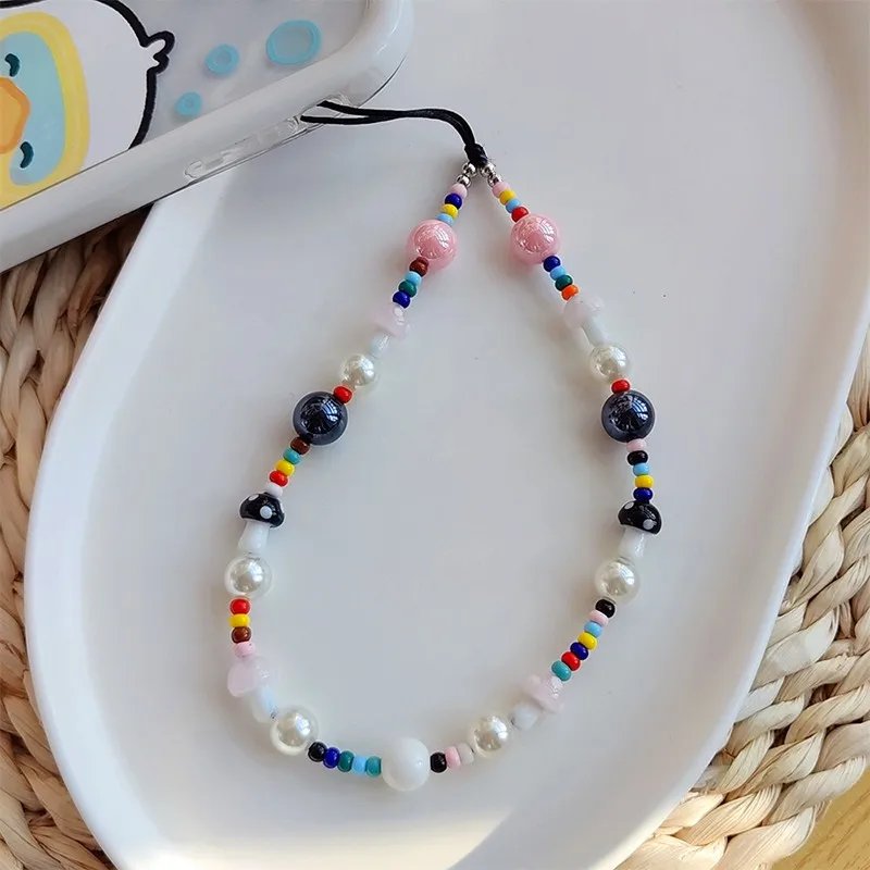 New Mushroom Mobile Phone Charm Strap Bohemia Crystal Mushrooms Colorful Acrylic Beaded Phone Chains Phone Chaine Accessories
