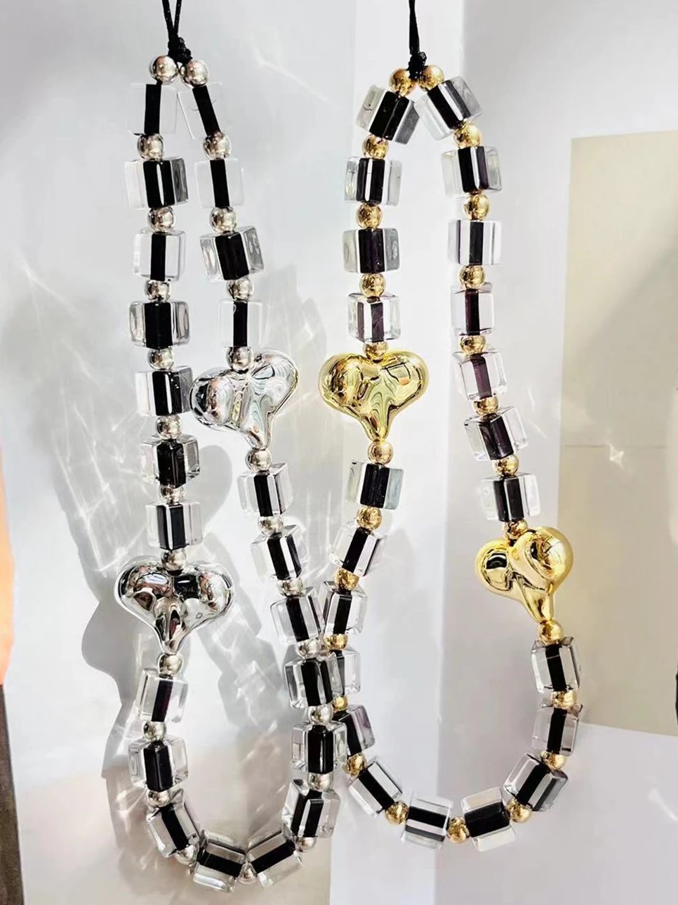 Gold Silver Color Heart Phone Chains Cubic Square Acrylic Beaded Mobile Phone Case Lanyard Keychain Straps Wristband Accessories