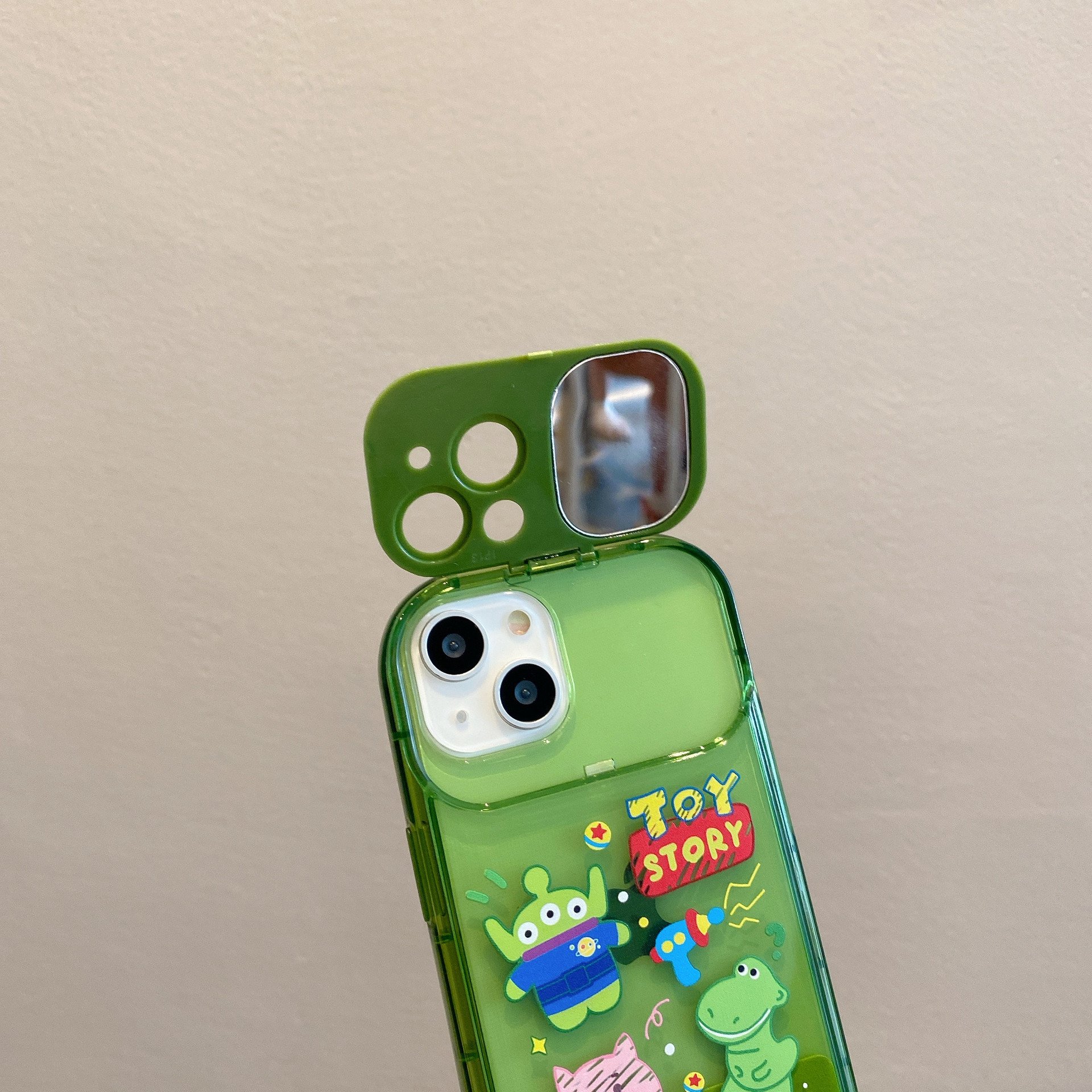 Cartoon Toy Mirror holder Silicone Mobile Phone Case For iPhone 15 14 13 12 11 Pro max Stand Cute chain Shockproof Back Cover