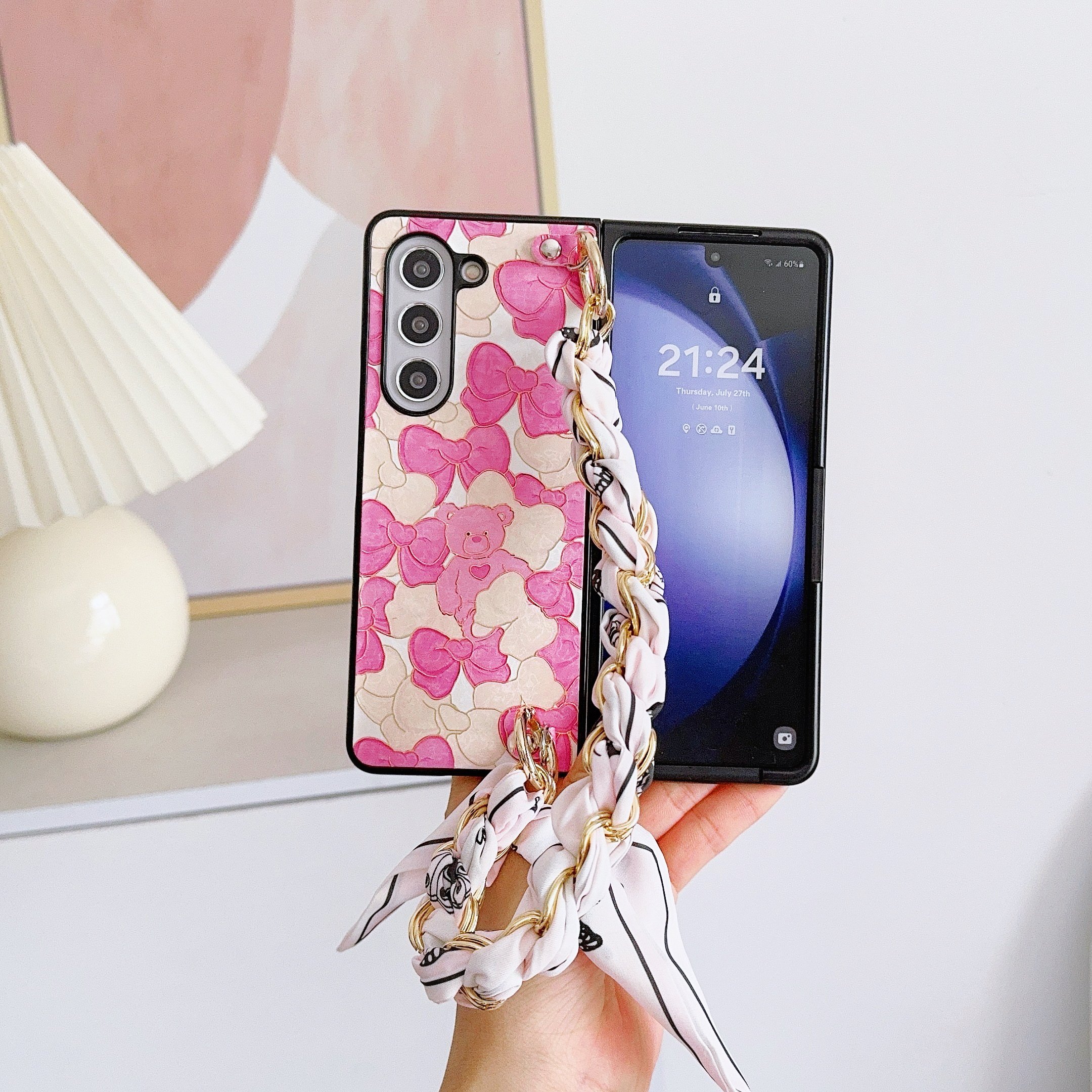 Bear Rabbit Bow Tie Mobile Phone Cases with Silk Scarf Hand Band for Samsung Galaxy Z Fold 6 5 4 3 vivo XFold Xiaomi Fold 2 3