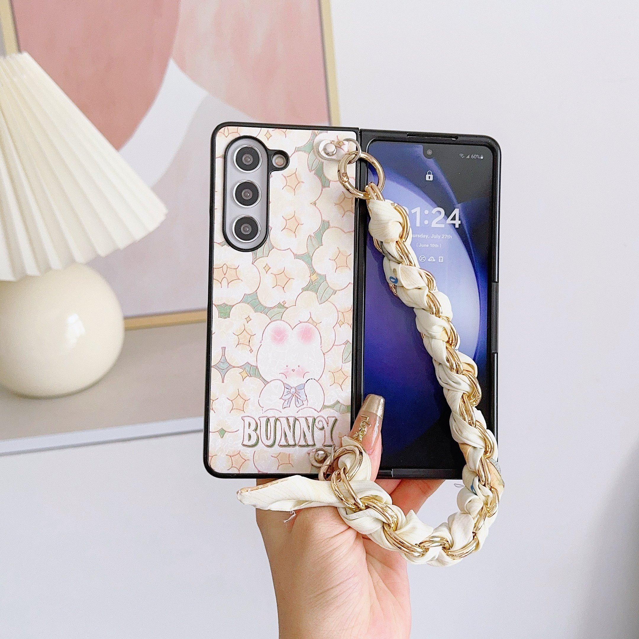 Bear Rabbit Bow Tie Mobile Phone Cases with Silk Scarf Hand Band for Samsung Galaxy Z Fold 6 5 4 3 vivo XFold Xiaomi Fold 2 3
